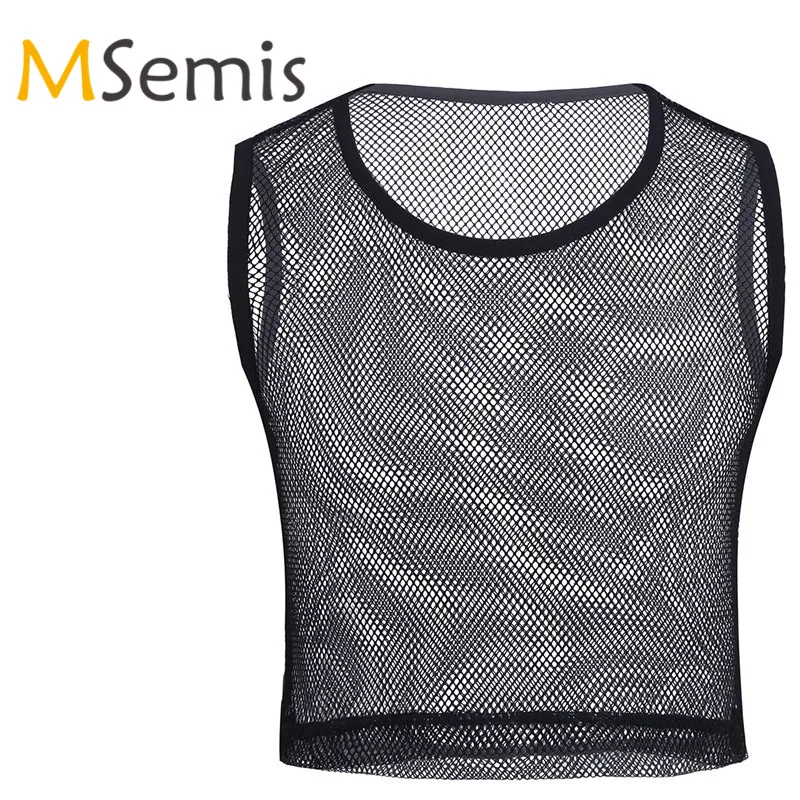

MSemis Summer Men Black Fishnet See-through Mesh Sexy Muscle T-Shirt Slim Fit Breathable T-Shirt Crop Top Club Party Costume