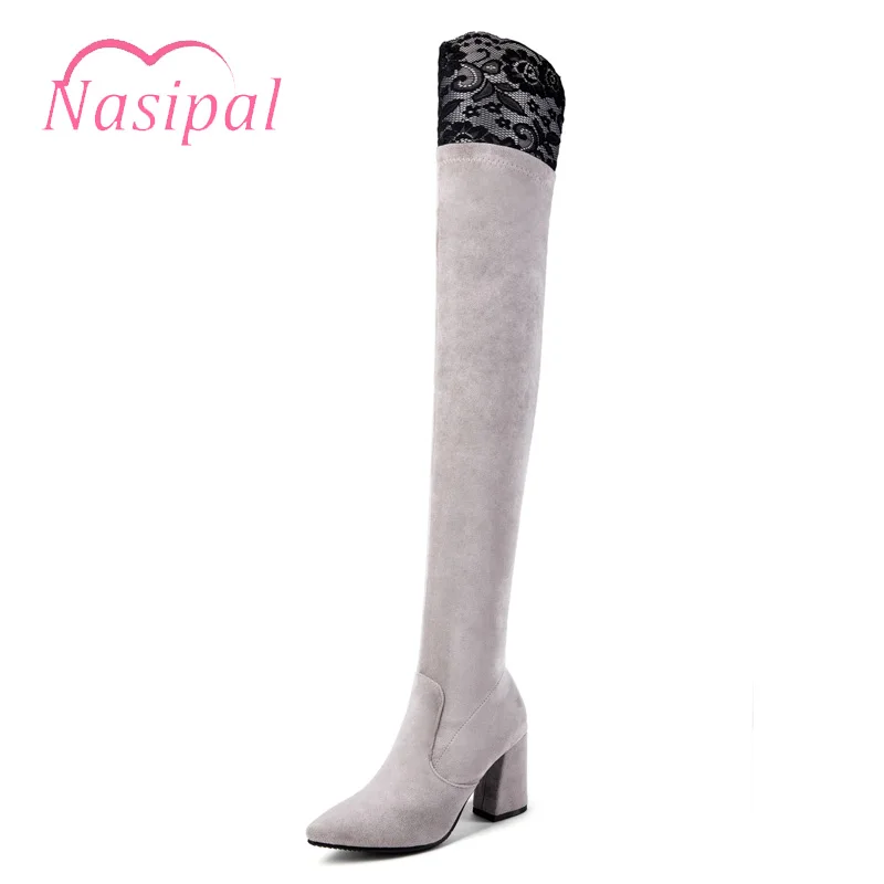 

Nasipal High Quality Brand Shoes Woman Chunky High Heels Sexy Pointed Toe Women's Shoes Zipper Lace Over the Knee Long Boots