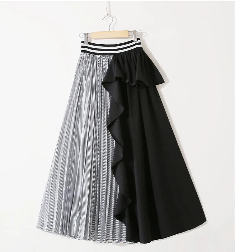 Новые летние женские с высокой талией трапециевидная юбка корейский стиль полосатый пэчворк оборки макси юбка элегантная Офисная Леди Тюль юбка - Цвет: Black