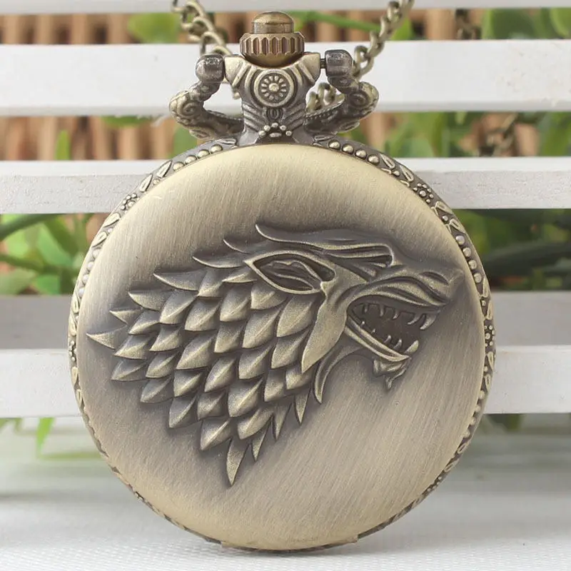 Лучшее качество черные Direwolf шаблон символ винтажные карманные часы с necklace ем цепь кварцевые карманные часы Подарки для мужчин и женщин - Цвет: Bronze