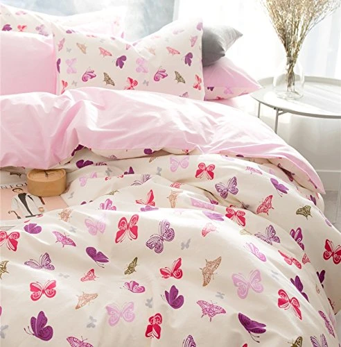 Twin Size, Simple Style 1duvet Cover & 2pillowcases FADFAY Butterfly Print Duvet Covers Pink Floral Cotton Girls Bedding Set 3 Pieces 