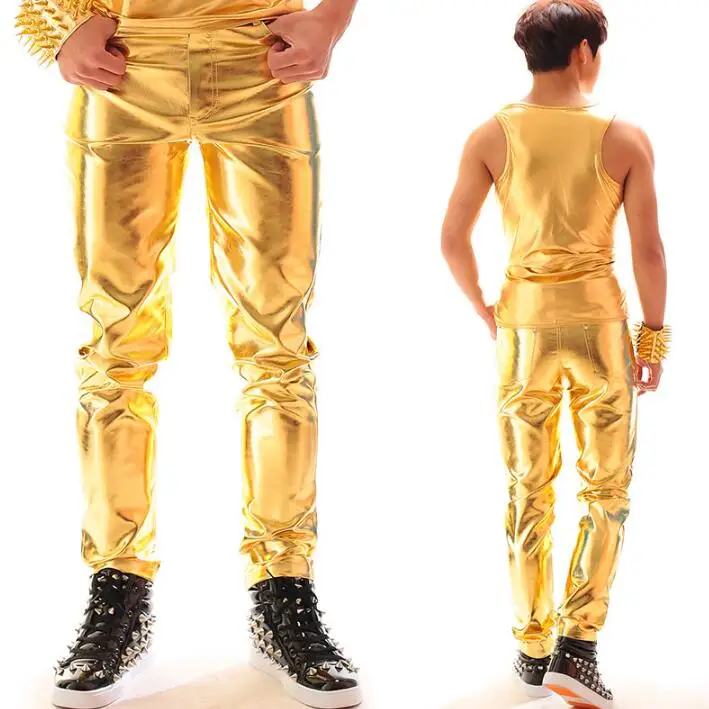 Золотые и серебряные мотоциклетные обтягивающие мужские брюки из искусственной кожи, брюки из искусственной кожи для мужчин pantalon homme, Панк Мода для певиц, танцовщиц, сценическая рок