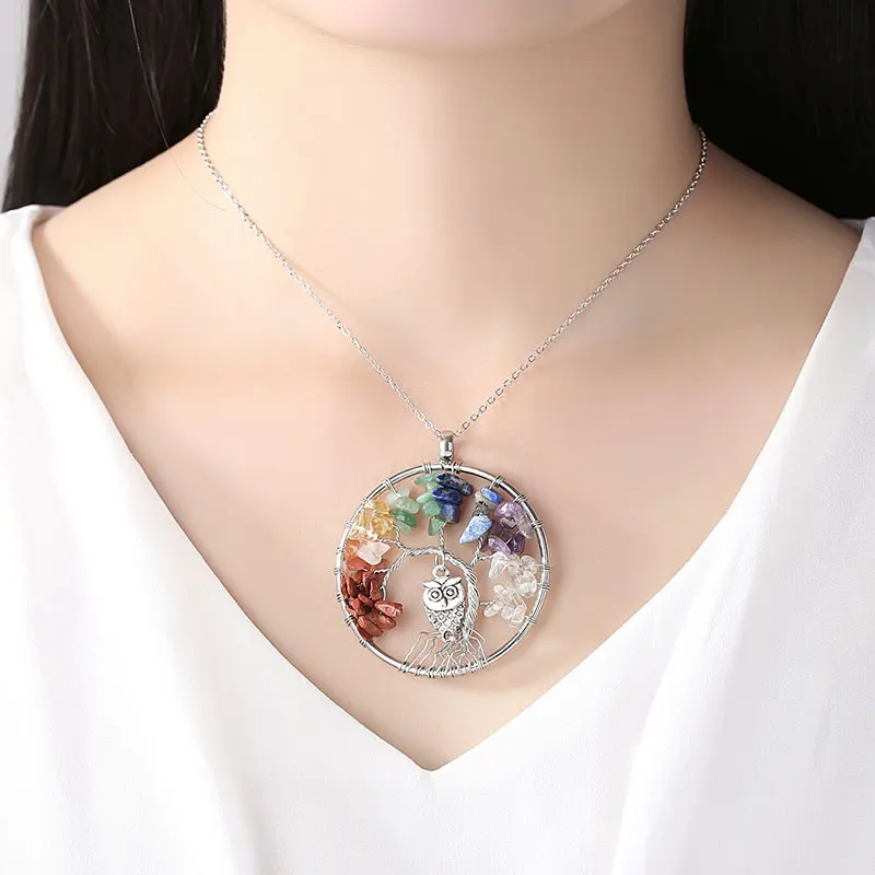 

Fashion Owl on the Rainbow Tree Necklace with Natural Stones Colorful Pendant Necklace Multi-color B36