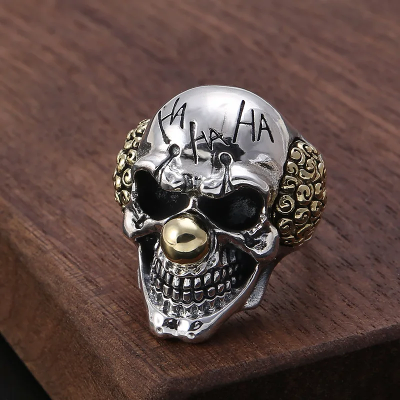 

Men’s Gothic Halloween Jewelry Real 925 Sterling Silver clown Skull hand finger Ring Men vintage retro Rings Punk Rock Skeletons