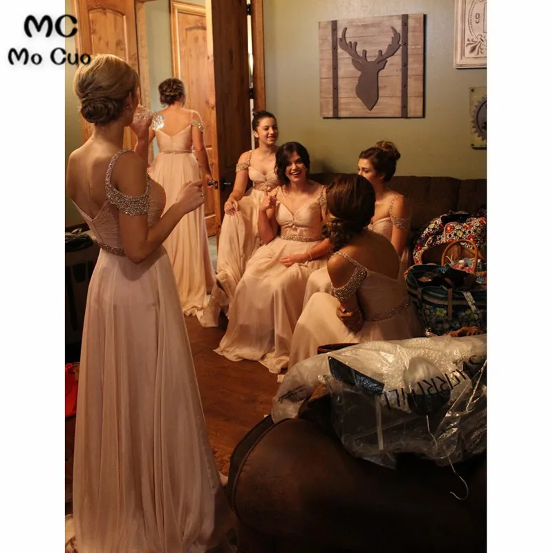 A-Line V-Neck Floor-Length Blush Chiffon Prom Bridesmaid Dress with Beading355