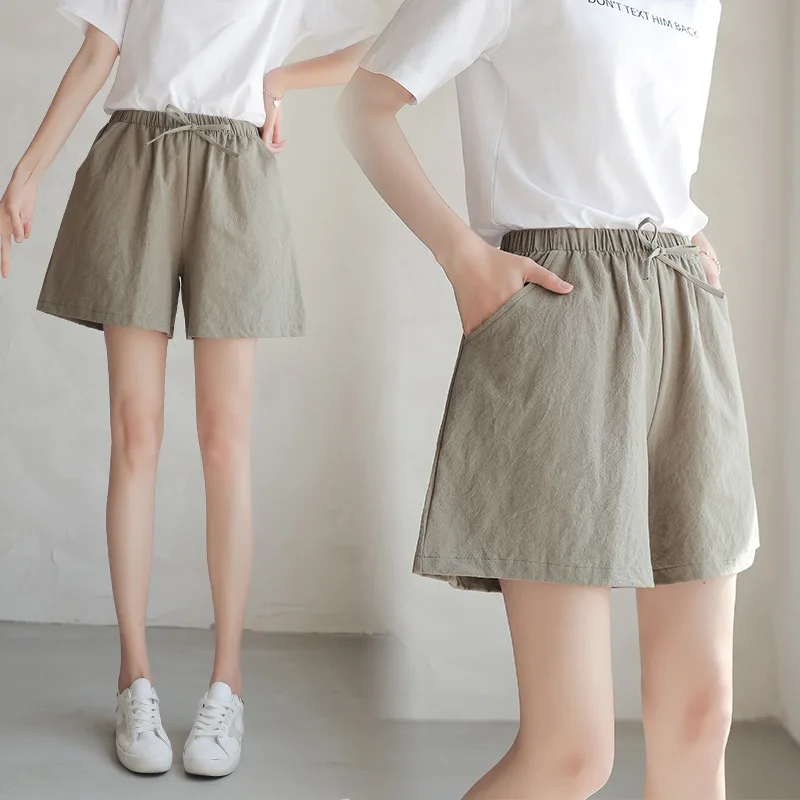 

Brand Chic Loose Cotton Linen Short Pants Women Capris Wide Leg Pants Breathable Slim Korean Leisure Hallen Pants Solid Color