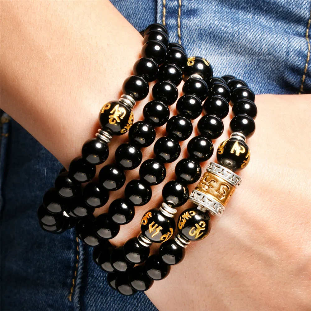 

New Style 8mm Natural Black Obsidian Beads 108 Mala Buddhist Golden Barrel Charm Men and Women Prayer Strand Bracelet Wholesale