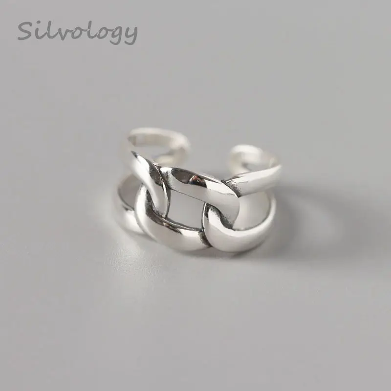 

Silvology 925 Sterling Silver Crude Chain Rings Simple Weave Geometric Open Korea Style Rings For Women Friendship Jewelry Gift
