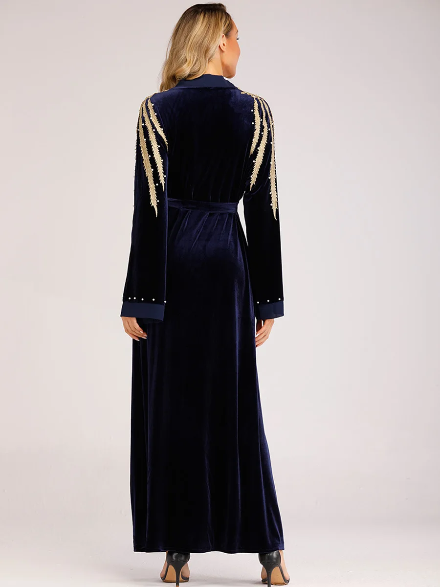 2019 женская мусульманская одежда плюс Размеры кардиган украшенный бисером Темно-синие Саудовская Арабский Восточный халат из марокена