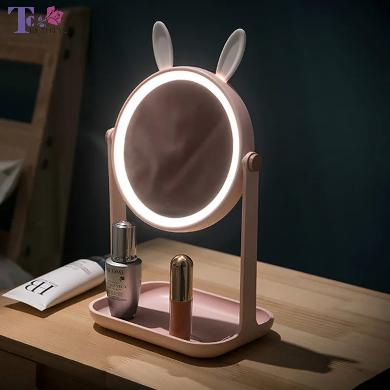 

Makeup Mirror Led Touch Dimmer Screen 360 Degree Adjustable Make Up Mirrors Rabbit Bathroom Bedroom Desktop Girls Home Dressing