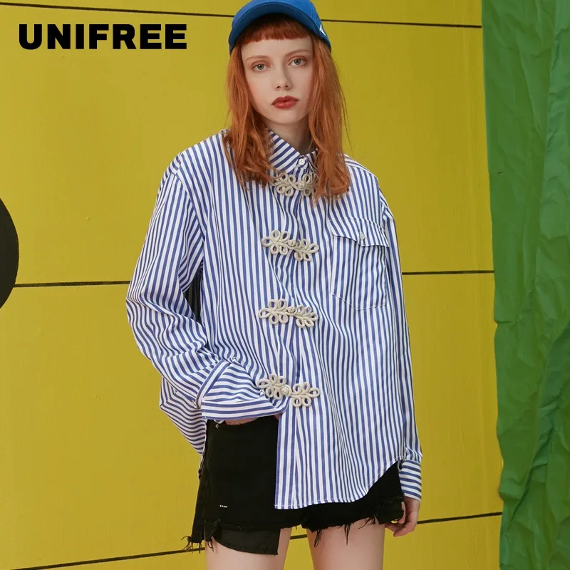 UNIFREE2019 Весна новое поступление синий топ Женская футболка vintag Пряжка полосатый