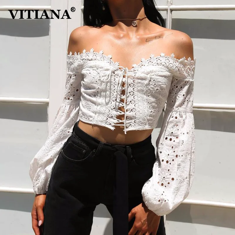 VITIANA Women Sexy Beach T-Shirt Summer 2019 Female Long Sleeve Short Shirts Slash Neck Strapless Street Wear TShirt Ladies Tees | Женская