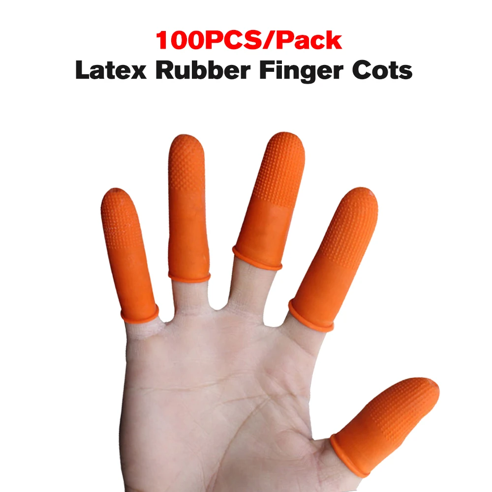 100pcs Latex Rubber Finger Cots Reusable Orange Antislip Fingertips