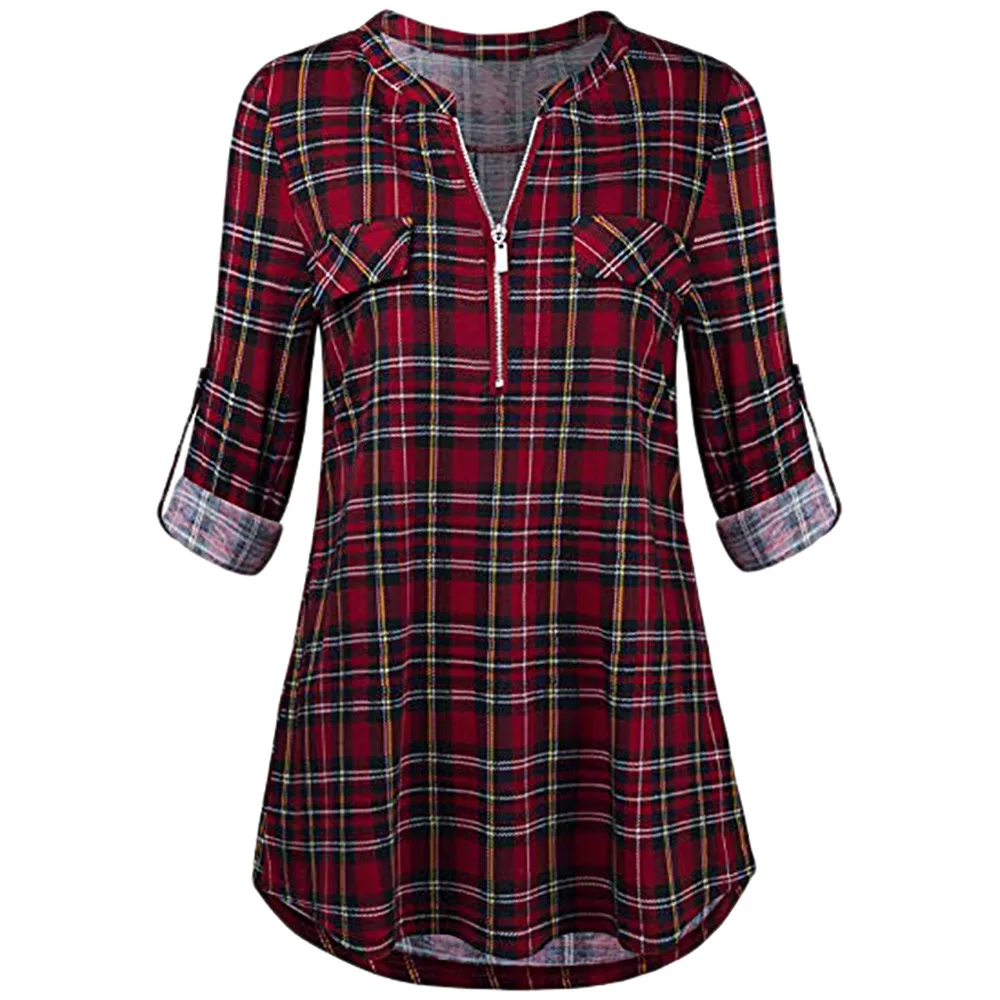 

S-5XL 2019 Shirt Women Blusas Feminina Womens Casual Rolled Sleeve Zipped Printed Shirt Tunic Tops Blouse Camiseta Mujer Blusa