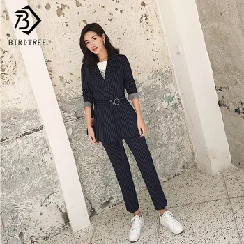 

Women's Striped Blazer Suits Long Sleeve Single Button Notched Rings Sashes Top Zipper Pockets Pants Office Lady S91506J
