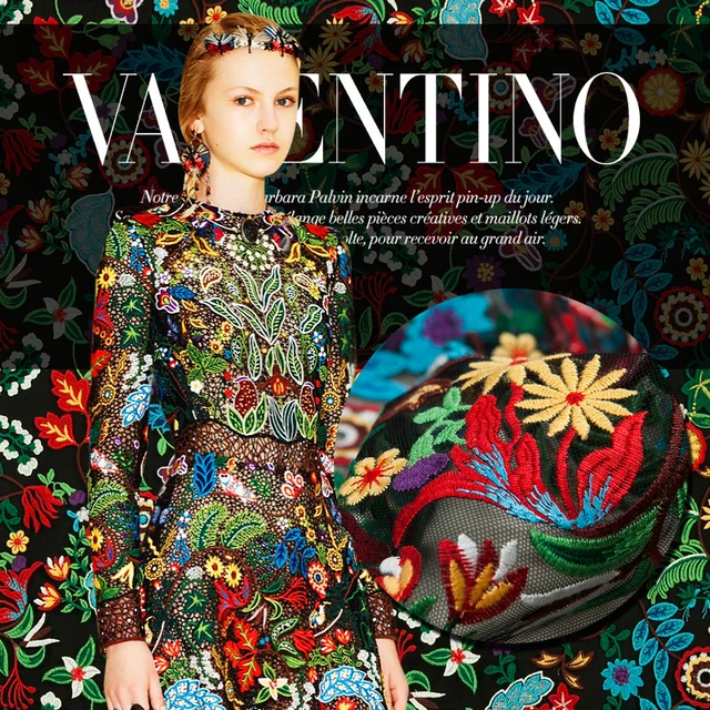 Black Mesh Couture fashion fabric, vogue sexy, embroidery colorful floral,sculpture, sew for top