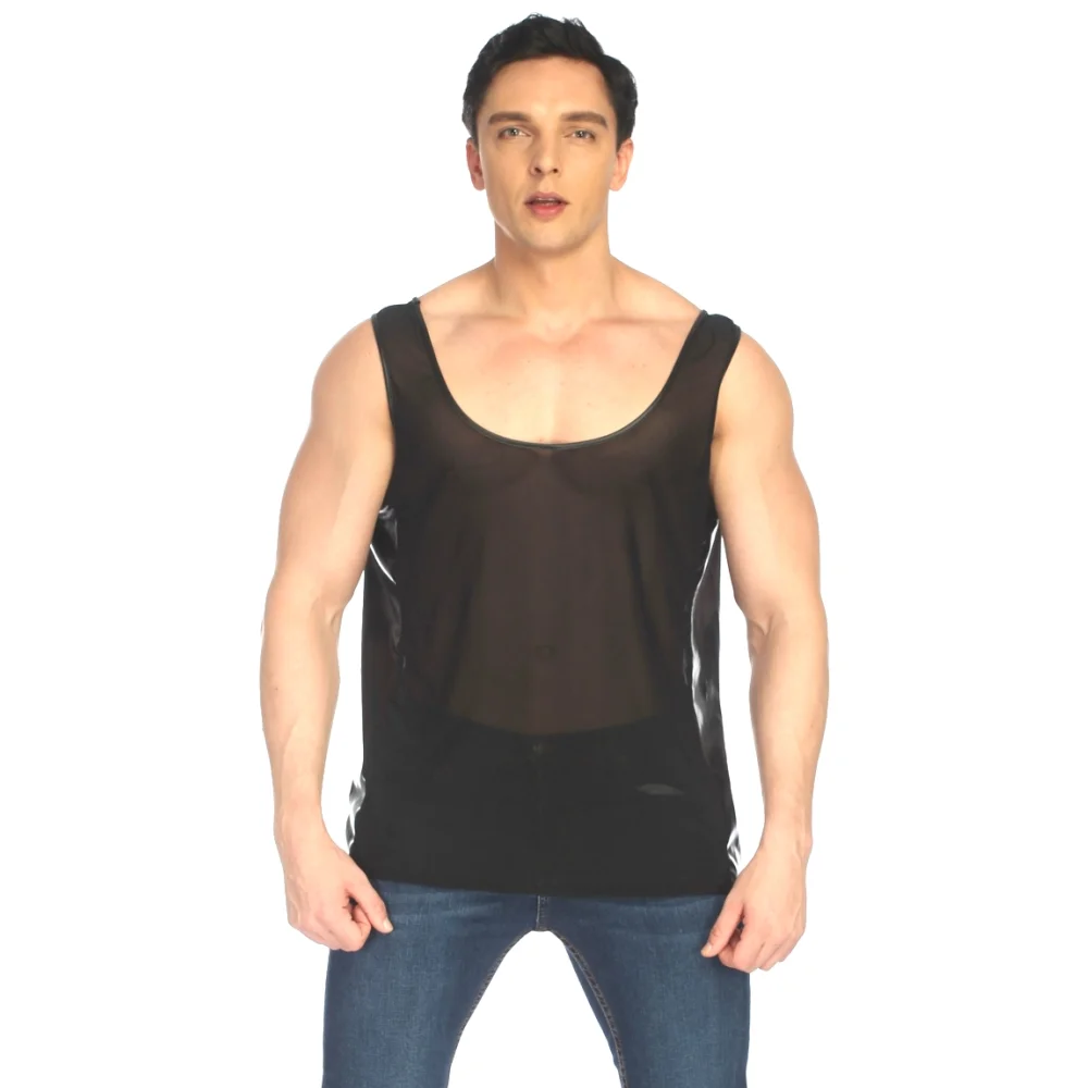 

KH55 Summer Style 2018 Fashion Front Net Tanks Back Faux Leather Men Sexy Lingerie Fitness Tops Tees Sleeveless Black Shirt