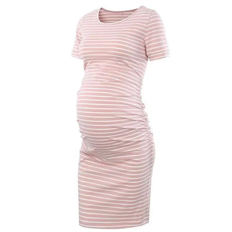 Женское летнее новое платье с круглым вырезом и короткими рукавами в полоску для беременных - Цвет: Розовый
