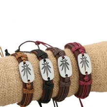 Европейская мода коричневая коровья кожа Браслет-повязка на запястье для женщин и мужчин растение травяные листья браслет ручной Плетеный Браслет-манжета браслет