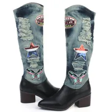 2016 new winter high boots leather high heeled boots canvas denim Martin boots non slip blue