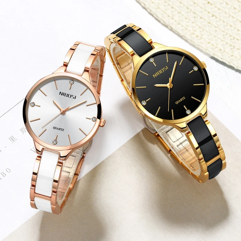Nibosi Brand Ceramic Watch Women Luxury Classic Wrist Watch Simple Diamond Quartz Wristwatch Clock Women Watches Montre Femme