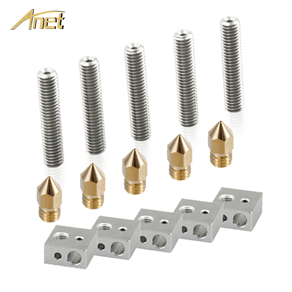 

15pc/set 1.75mm Throat Tube+0.4mm Extruder Nozzle Print Heads+Heater Blocks Hotend for MK8 Makerbot Anet A8 A6 3d printer
