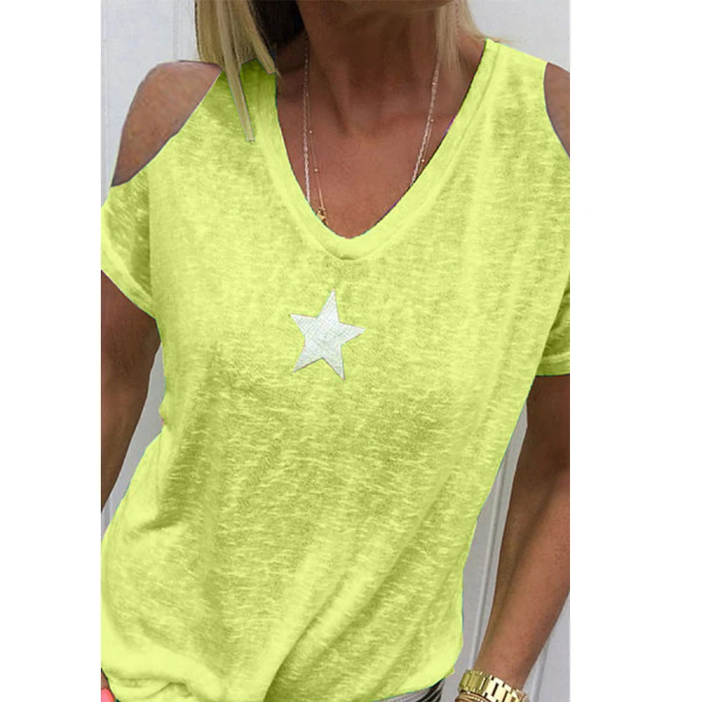 

Five Star Printed T-shirt Women Fashion Short Sleeve Solid Tee Shirt Sexy V Neck Off Shoulder T shirt WDC2190