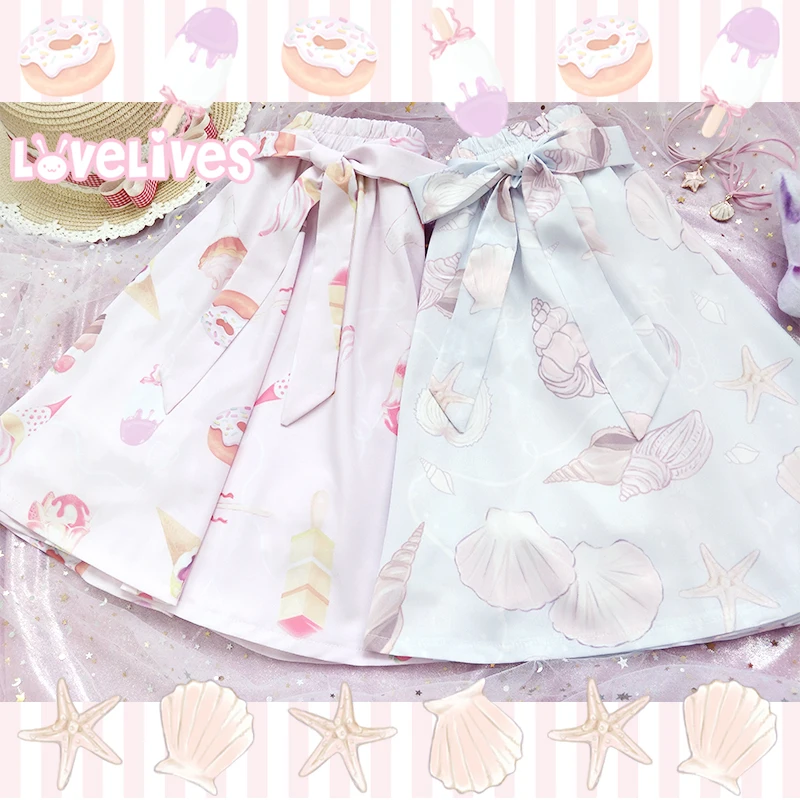 

Japanese Style Sweet Lolita Girls Short Skirt ice cream Shell Print Young Girl Bestie Skirt Spring Summer 3 Color