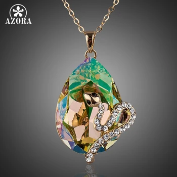 

AZORA Poisonous Snakes Gold Color Big Ellipse Stellux Austrian Crystal Pendant Necklace TN0057