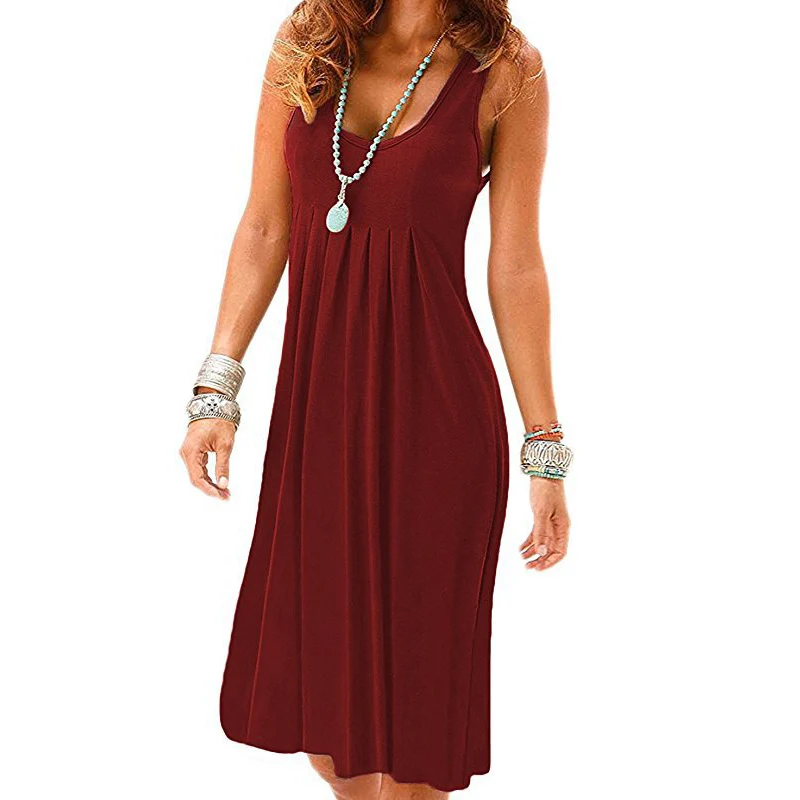 

Lipswag 5XL Sexy O-Neck Pleated Dress Women Casual Sleeveless Boho Dress Summer Solid Midi Beach Dress Plus Size Sundress