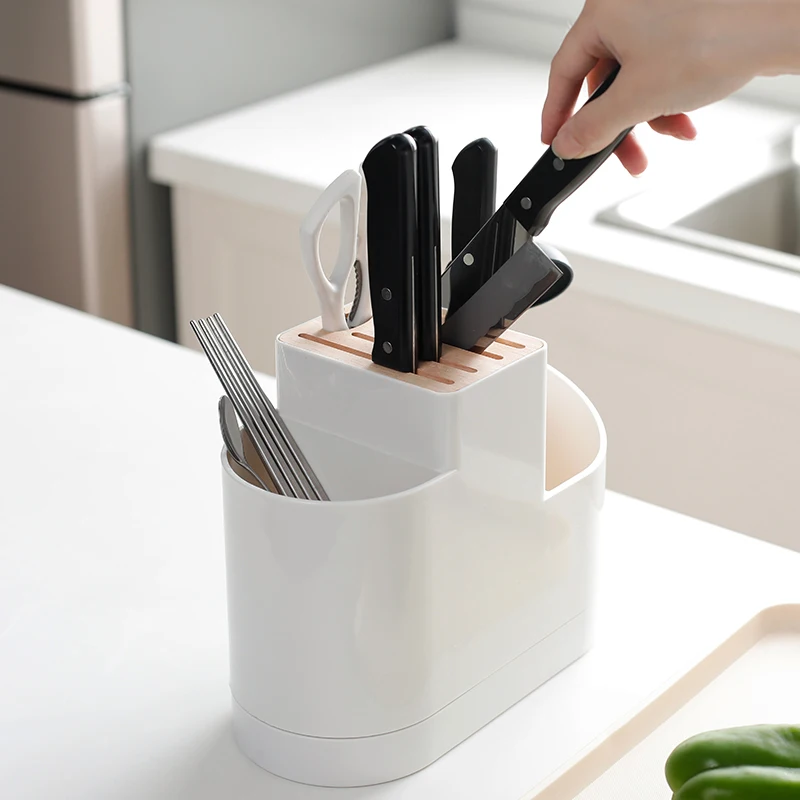 Plastic Wood Knife Holder White Forks Scissors Cutlery Multifunctional Storage Organizer Rack Kitchen Knife Block Accessories