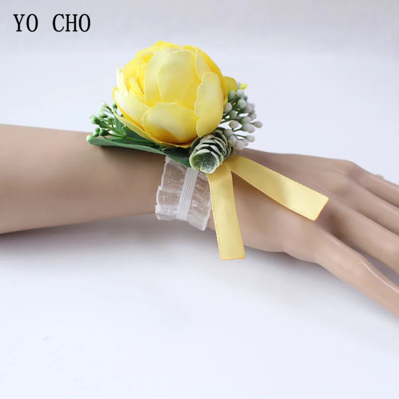 Boutonniere Flowers wedding wrist corsage flowers silk roses yellow  (14)
