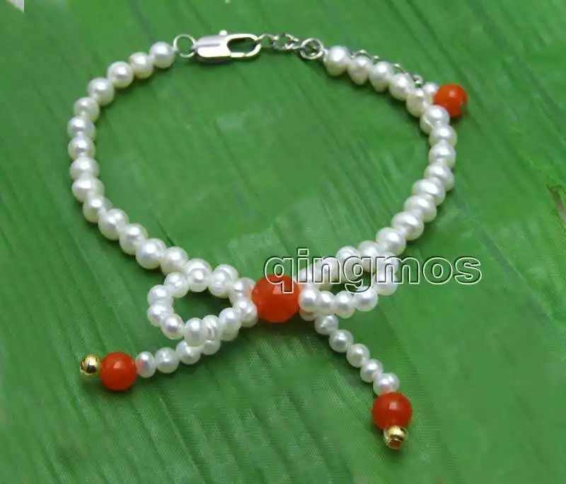 

5-6mm White Round Natural pearl 7.5'' Bracelet and White Pearl & Red stone Bowknot Pendant-bra410 wholesale/retail Free ship