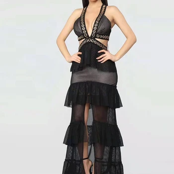 

Seamyla 2020 New Ruffles Celebrity Party Dress Vestidos Women Black Summer Bodycon Elegant Lace Deep V Hollow Out Club Dresses