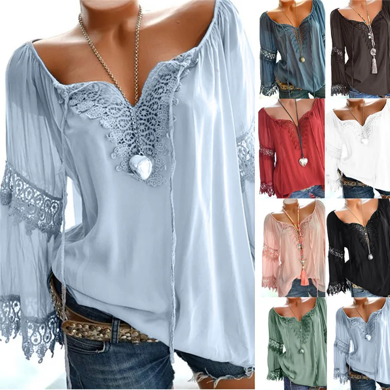 

Fashion Womens Plus Size Tops Off Shoulder Lace Pure Color Long Sleeves Loose Tshirt