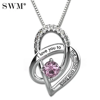

I Love You To The Moon and Back Necklace Women's Gift Custom Necklaces Silver Chain Crystal Birthstone Heart Pendant Present