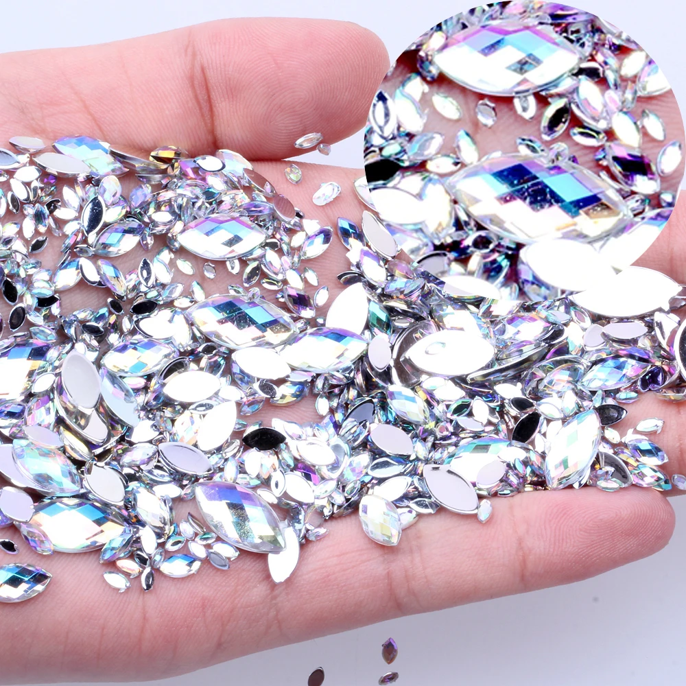 

Eye Shape 7G 600PCS 7 Sizes Acrylic Rhinestones Crystal AB Flat Back Nail Rhinestone 3D Non HotFix DIY Clothes Crafts