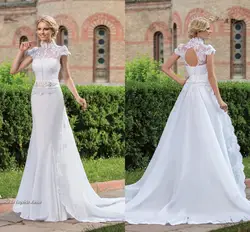 Vestido de noiva/винтажное недорогое свадебное платье-Русалка с высоким воротом и короткими рукавами, 2018 бисерные кружевные платья для матери