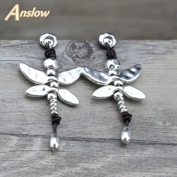 Anslow Fashion Jewelry New Arrivals Items Dragonfly Antique Silver Plated Leather Earring For Woman Mothe's Day Gift  LOW0095AE