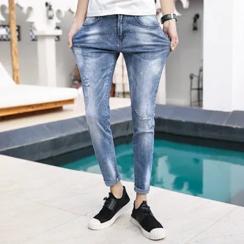 

EVES Distressed Men's Jeans Men Letters Elastic Full Length Skinny Male Pants Stretch Streetwear Denim