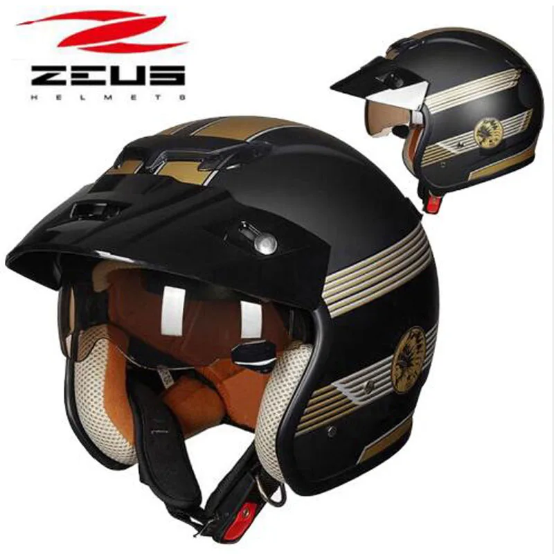 

2018 Winter New ZEUS Vintage Harley style Half Face Motorcycle Helmets Women/Men 3/4 Open Face with Built-in lens Motorbike Helm