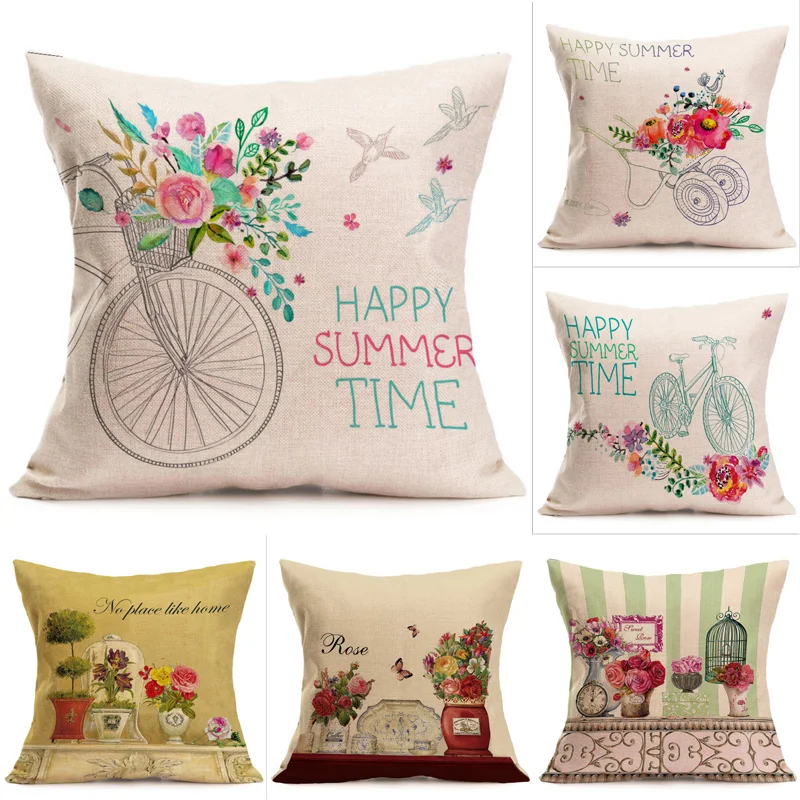 45cm*45cm Potted Flower Pattern Linen Cotton Pillow Covers Sofa Pillow