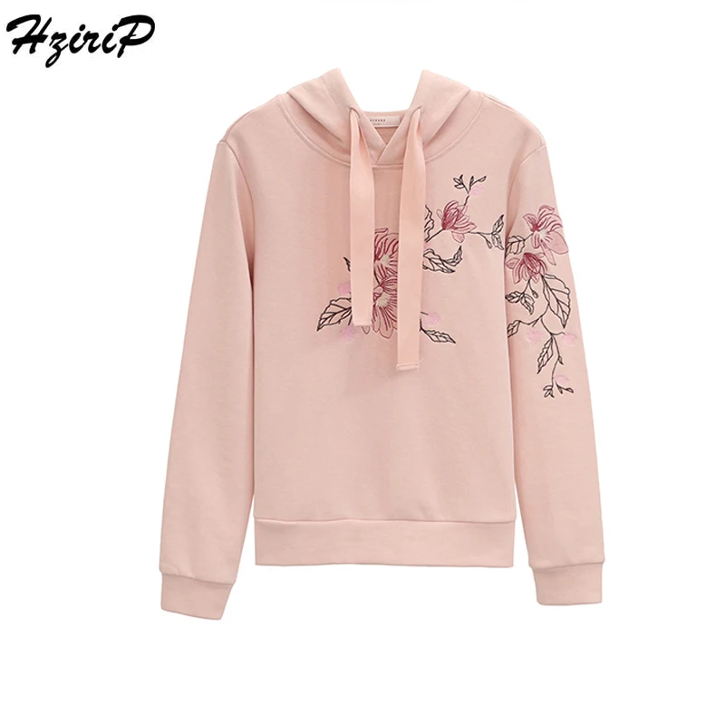 HziriP 2018 Autumn Loose Sweatshirt Women Tops Flower Embroidery Ladies Hoodies Long Sleeve Pink White Girls Bottoming Pullovers | Женская