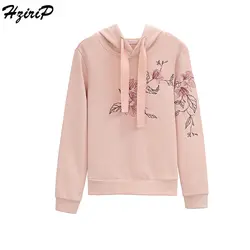 HziriP 2018 осень свободно толстовка Для женщин топы цветочной вышивкой женские толстовки с длинным рукавом розовый белый девушки дна пуловеры