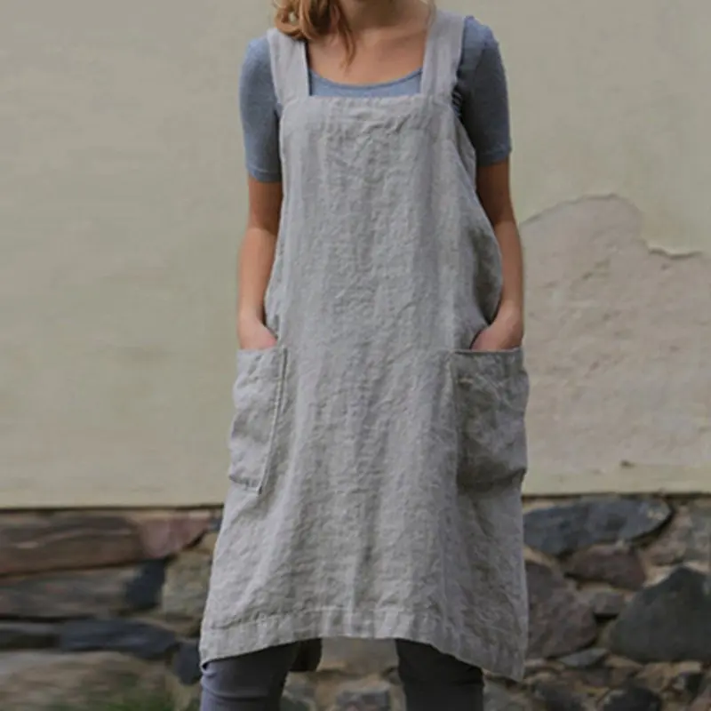 New Brief Cotton Linen Cooking Kitchen Apron Mens Women Loose Solid Color Apron Bartender BBQ Chef Work Uniform JCX9098