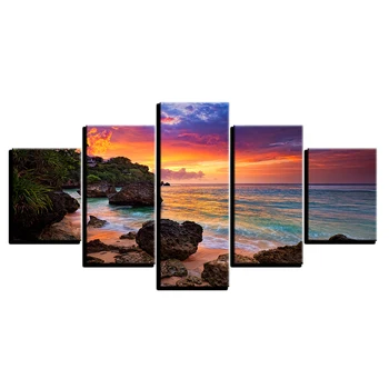 

Canvas Wall Art Pictures 5 Pieces Sunset Glow Paintings Home Decor Living Room HD Prints Beach Waves Seascape Posters Framework