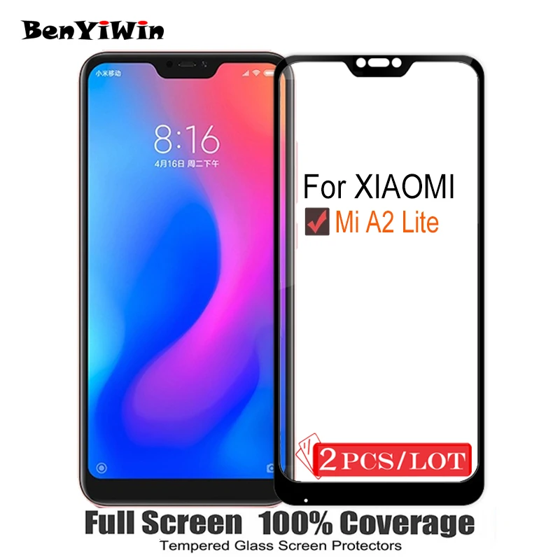 

2PCS 100% Original Full Cover Tempered Glass For XiaoMi Mi A2 Lite Screen Protector 9H Toughened Protective Glass For MiA2 Lite