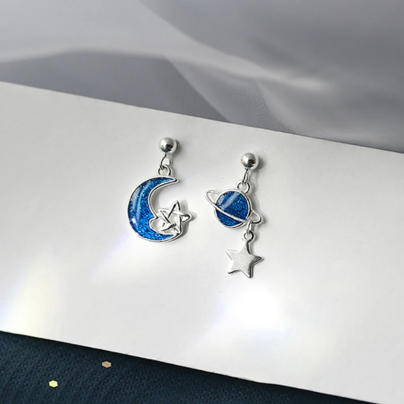 

New Creative Silver Small Blue Star &Moon Stud Earrings 925 Blue Universe Asymmetric Earrings Birthday Gift for Girls Teens
