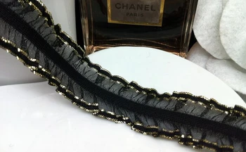 

10 yard 2cm 0.78" wide black gold stretchy elastic ruffled tapes lace trim ribbon Le7w53 free ship