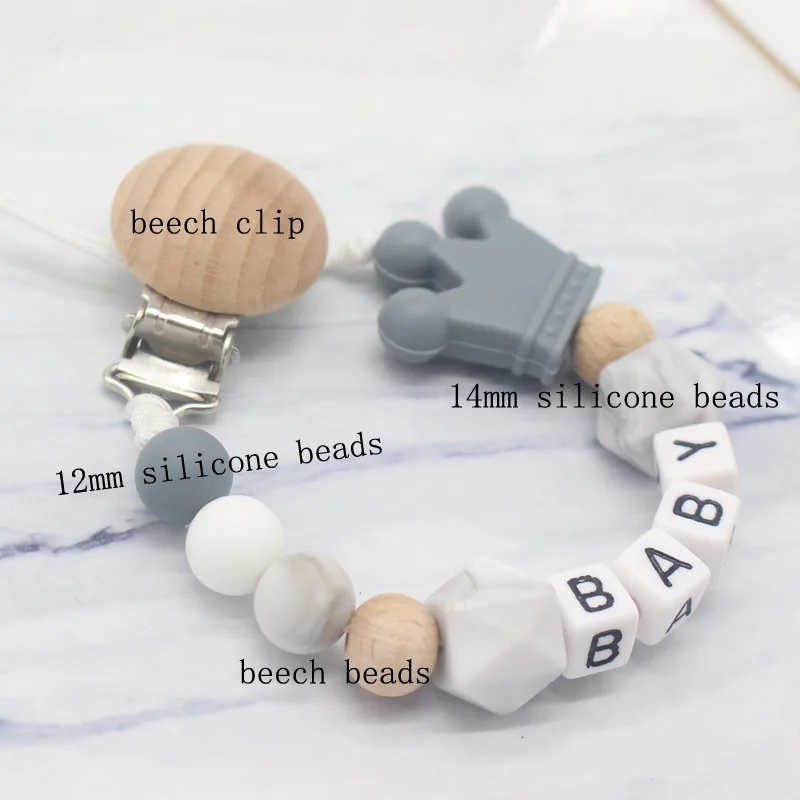 XCQGH DIY Silicone Beads Personalised Name Baby Pacifier Holder Clips Pacifier Chain with Beech Wooden Clip for Baby Feeding